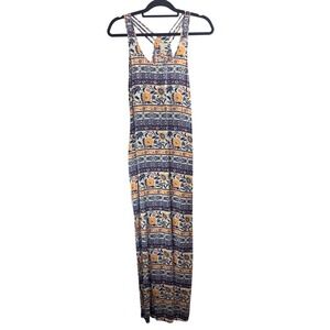 Forever 21 Women's  Blue Orange Floral Boho Maxi Dress Strappy Racerback‎ Sz S